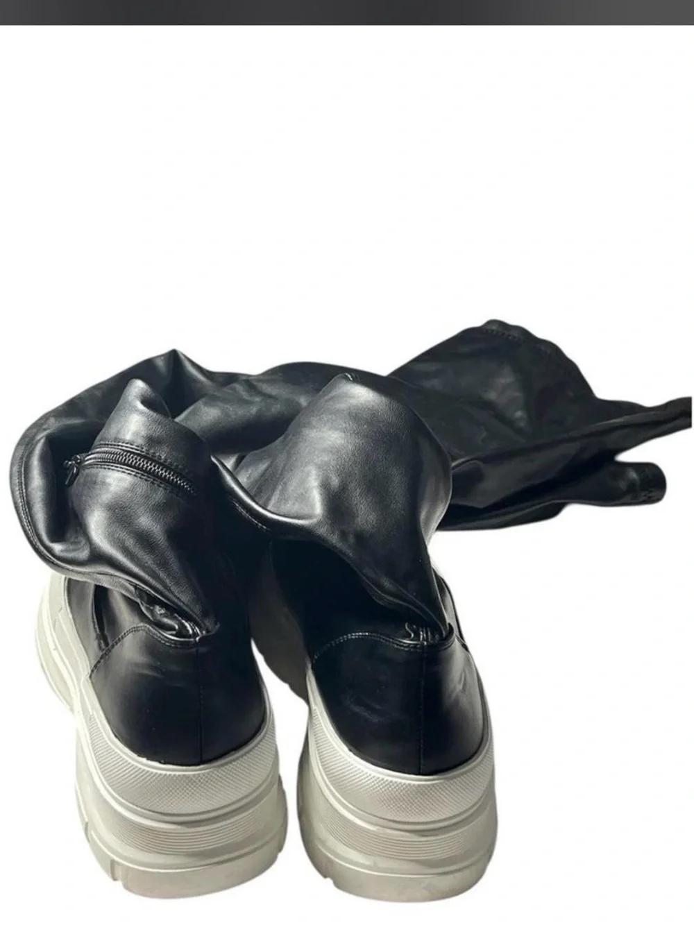 AZALEA WANG LOIS 4 WAY STRETCH MID CALF FLATFORM BOOTS IN BLACK WITH WHITE SOLE